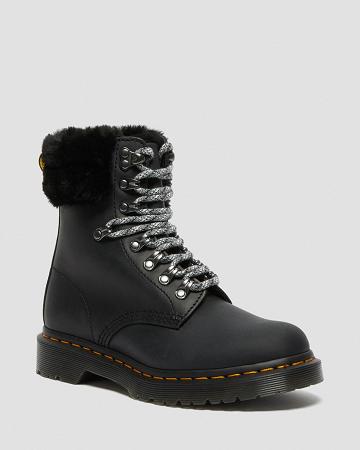 Black Women's Dr Martens 1460 Serena Collar Faux Fur Lined Winter Boots | CA 278XYU